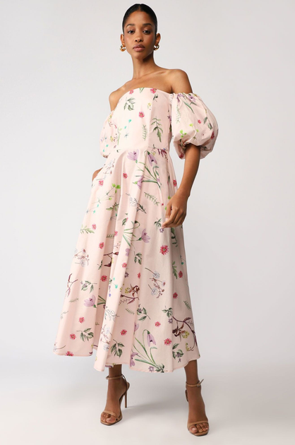 Vestido midi com decote bardot