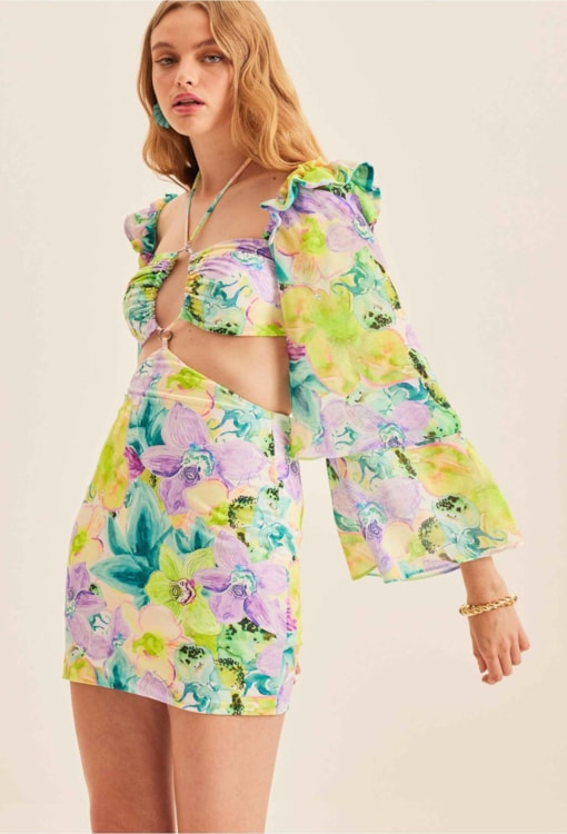 Vestido Curto Estampado Com Aberturas