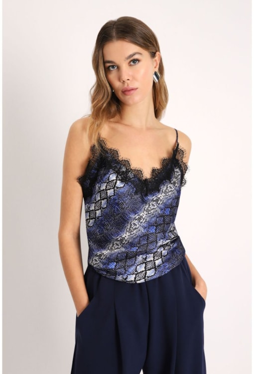Top estampado de alças e renda