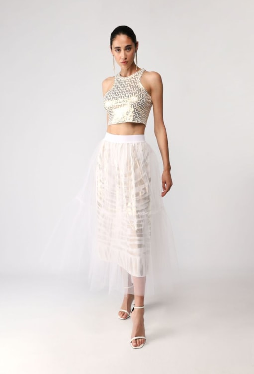 Saia em tule com efeito metalizado